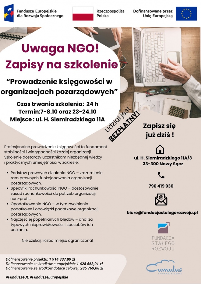 Zdjęcie przedstawia plakat bezpłatnego szkolena "Prowadzenie księgowości w organizacjach pozarządowych" 